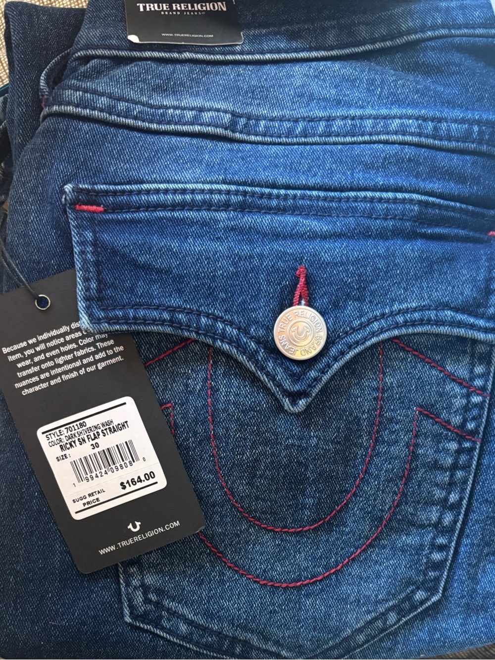 True Religion Men's 30x32 Ricky Straight Blue Jeans with Red Stitching. NWT!
